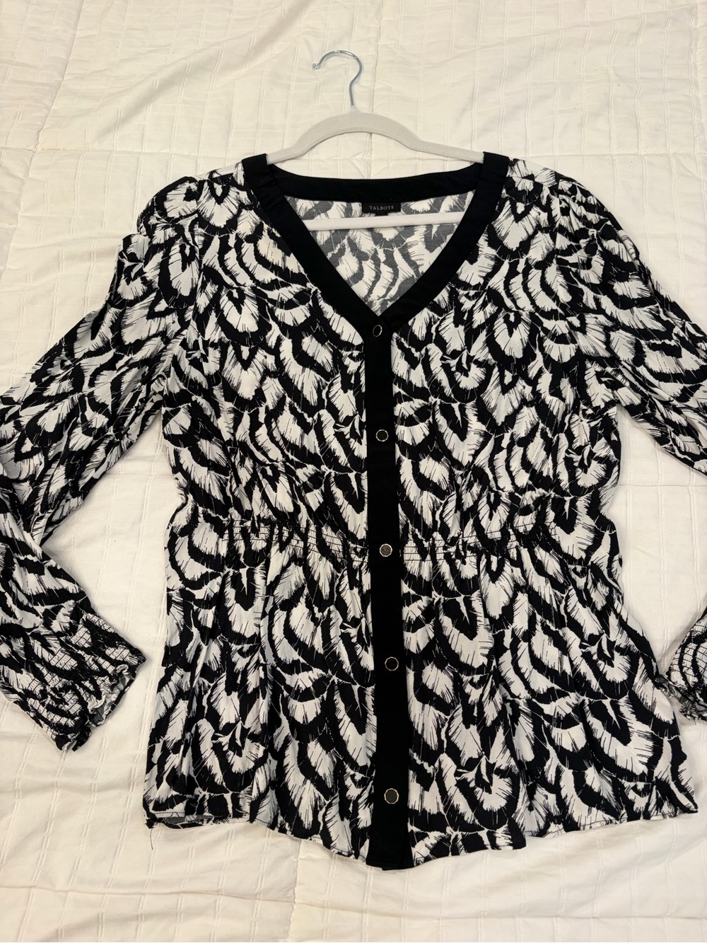 Talbots Black and White Patterned Button-Front Blouse